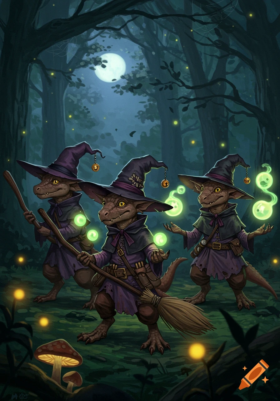 Three small lizard-like creatures in purple witch outfits and hats, holding staffs and a broom, standing in a dark, moonlit forest with glowing green orbs.
