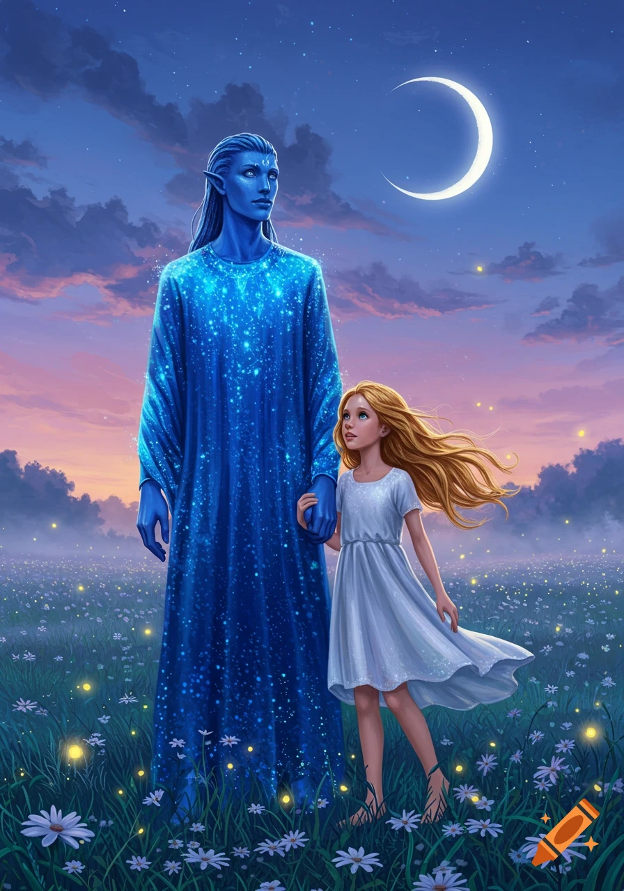 A tall blue elf-like figure in a starry robe holds hands with a blonde girl in a daisy field under a crescent moon at twilight, with fireflies.