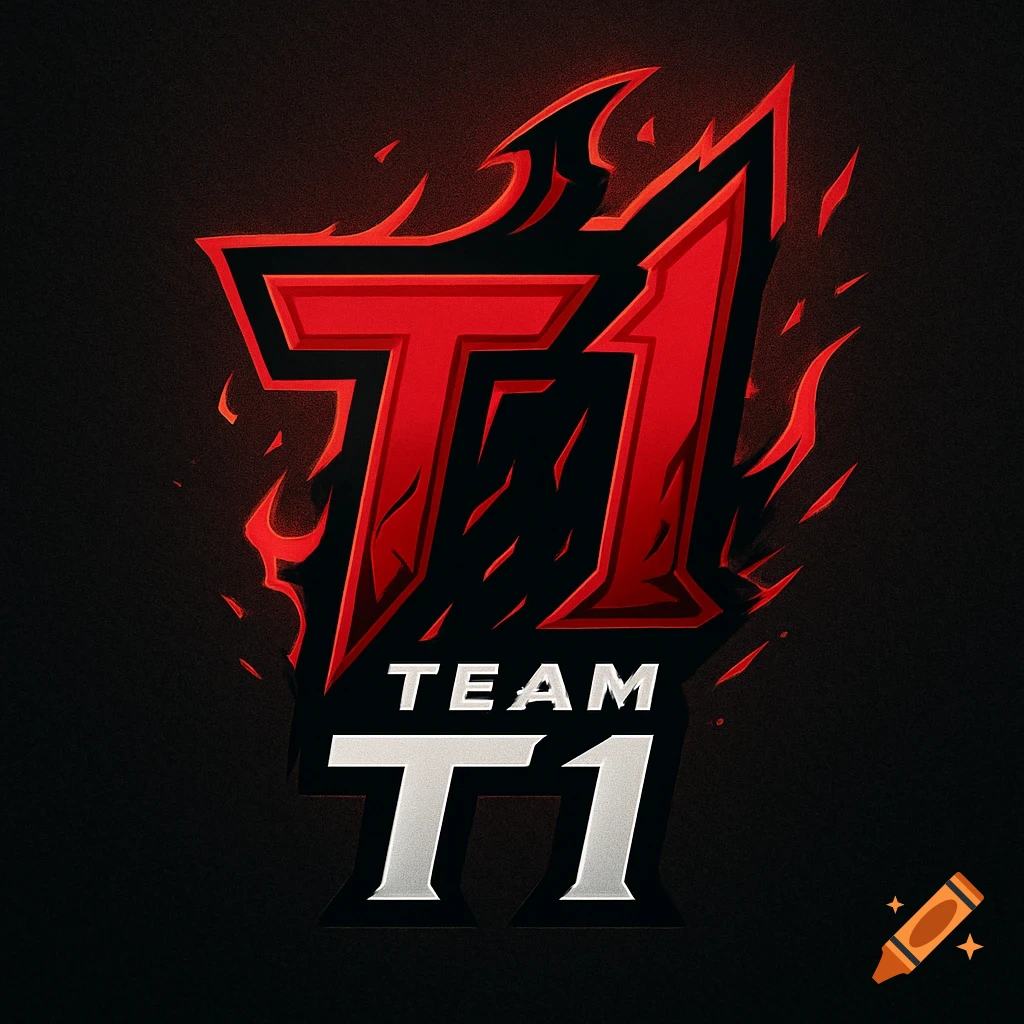 A red and black esports logo for Team T1, featuring jagged, flame-like edges around a large red "T1" at the top and white "TEAM T1" text below.