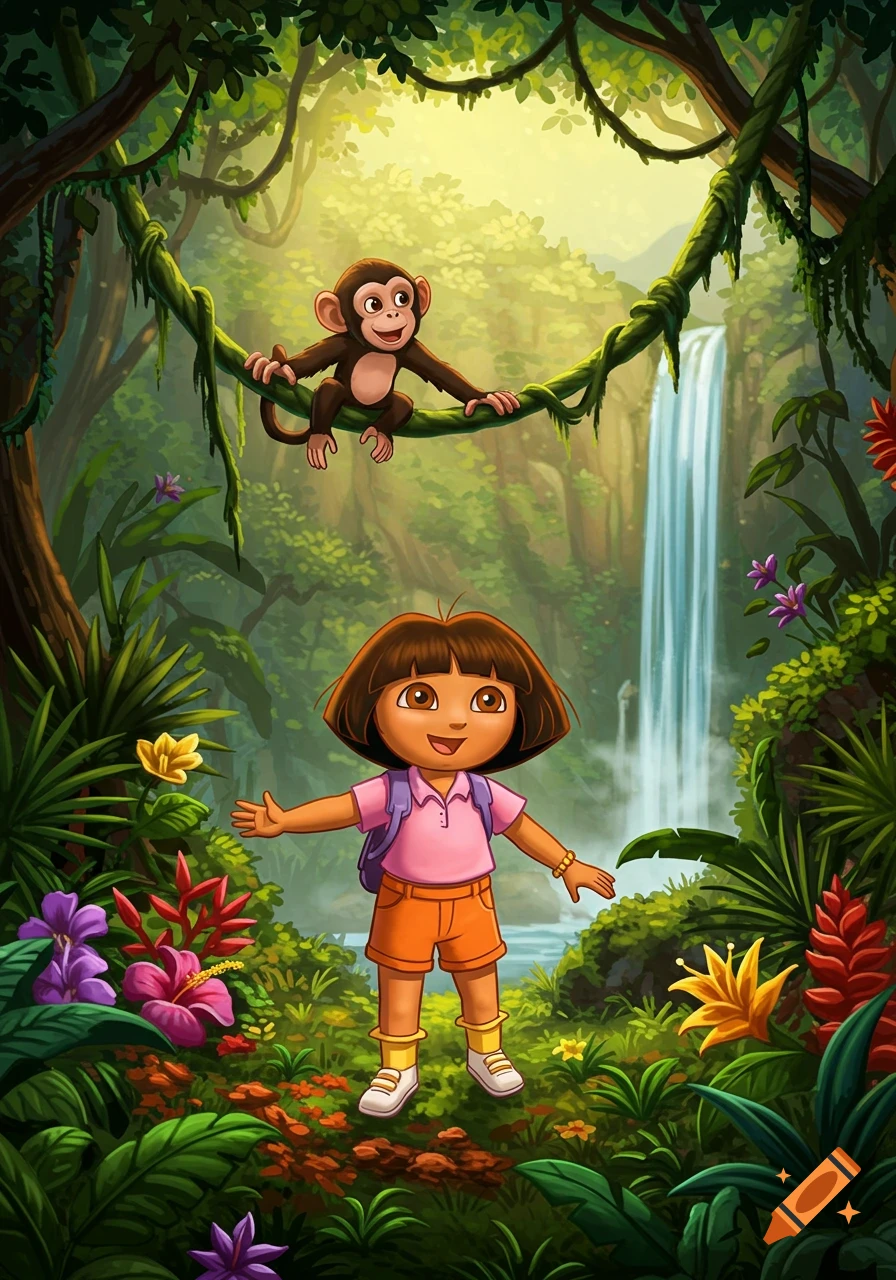 Cartoon illustration of Dora the Explorer standing in a lush jungle with Boots the monkey on a vine above her and a waterfall in the background.