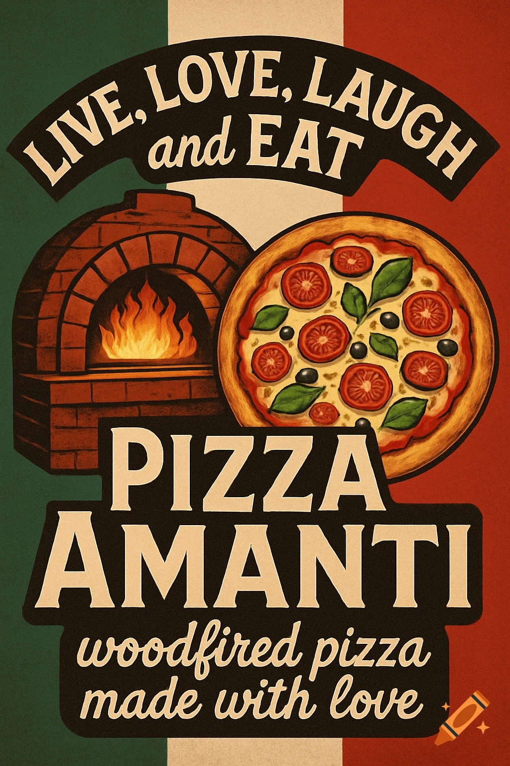 Vintage Italian pizzeria poster with a wood-fired oven, pizza, and text 'Pizza Amanti' on an Italian flag background.
