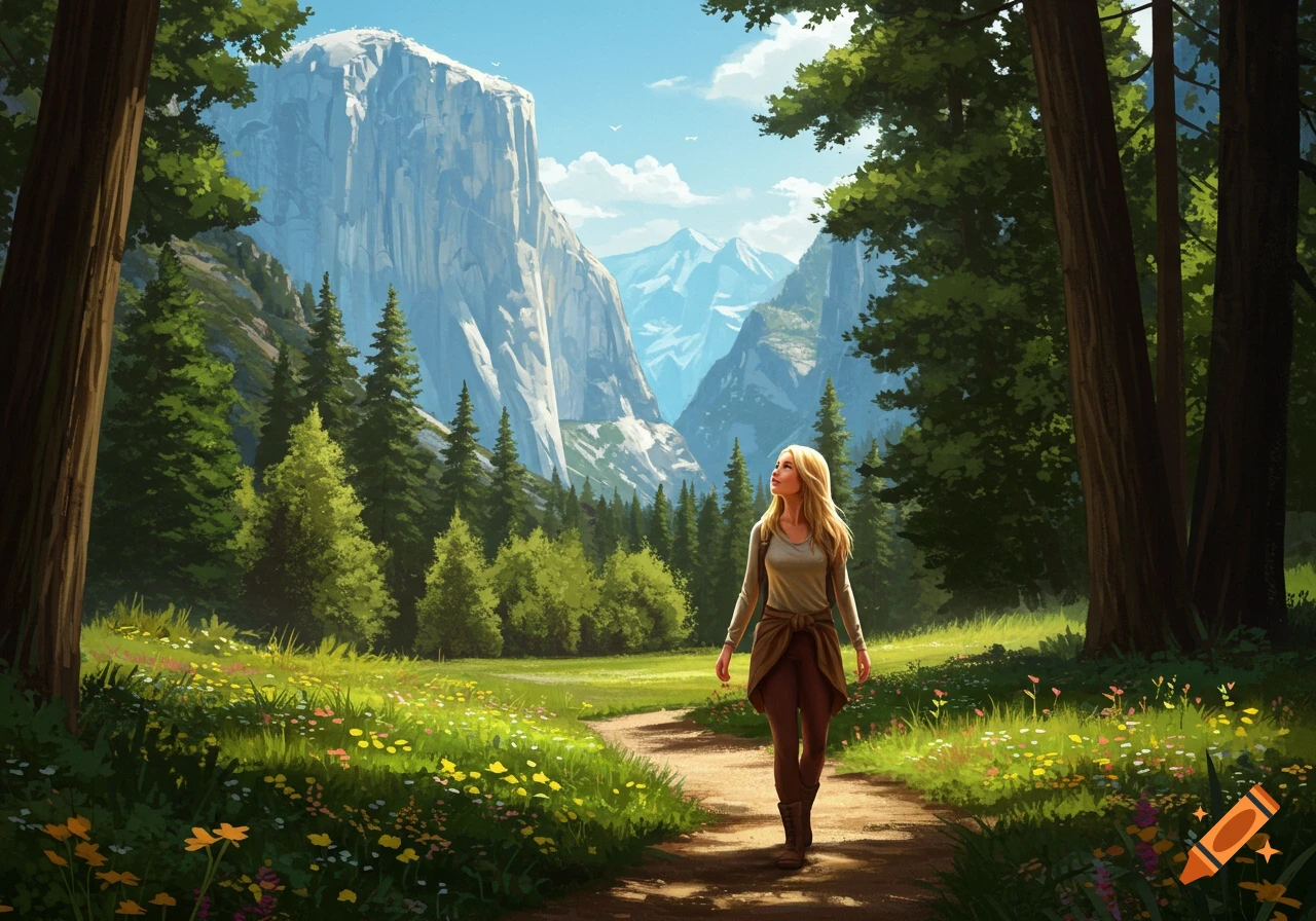 A blonde woman hikes on a dirt path through a grassy, wildflower-filled meadow towards towering mountains in Yosemite National Park.
