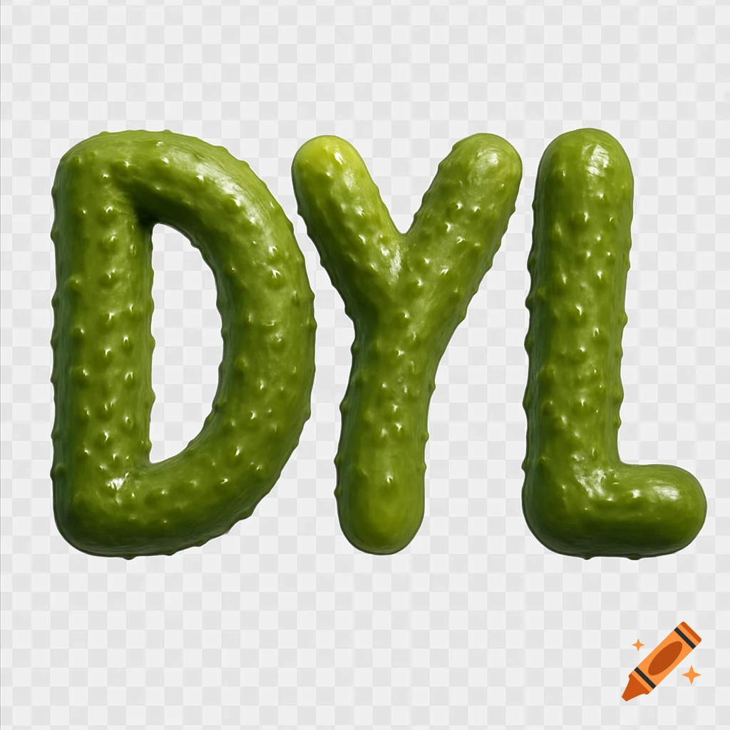 The letters D Y L formed by realistic green pickles on a transparent background.
