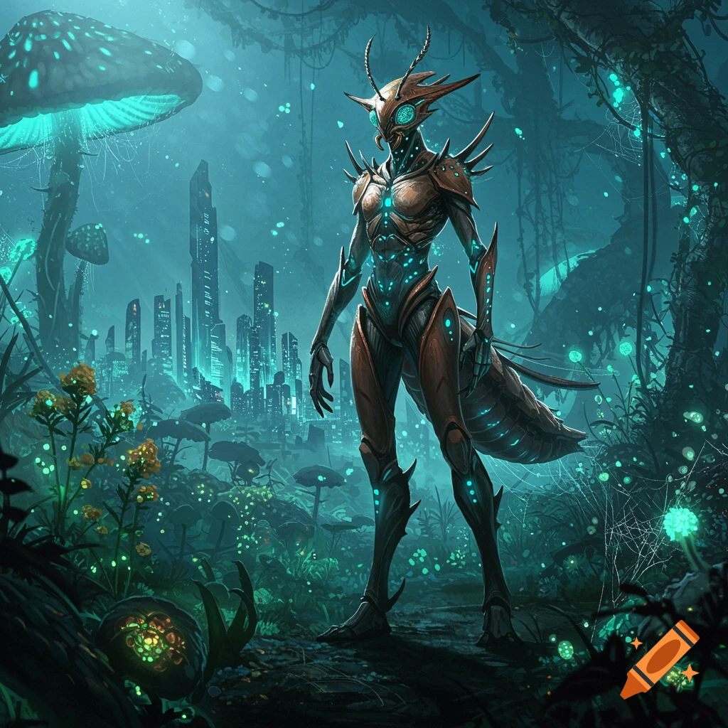 An armored humanoid arthropod stands in a bioluminescent alien jungle with a glowing futuristic city in the background.