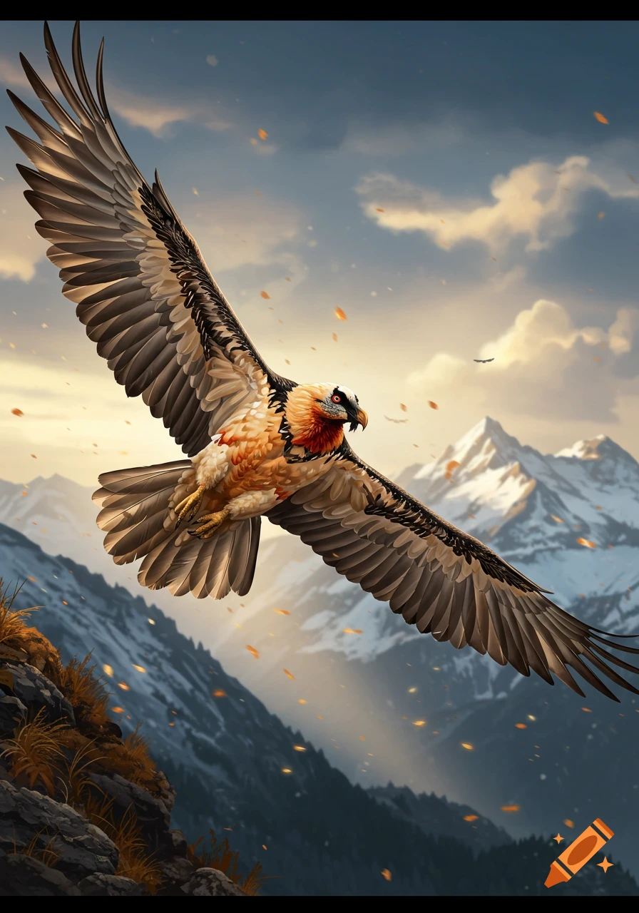 A detailed bearded vulture with widespread wings flies above snowy mountains under a cloudy sky.
