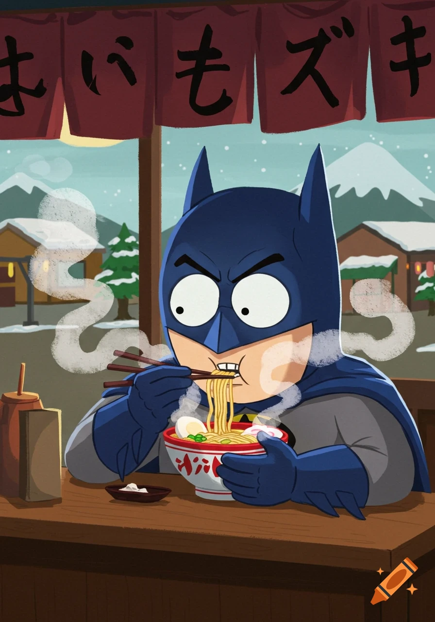 Cartoon Batman in South Park style aggressively slurping ramen with chopsticks in a snowy outdoor shop.