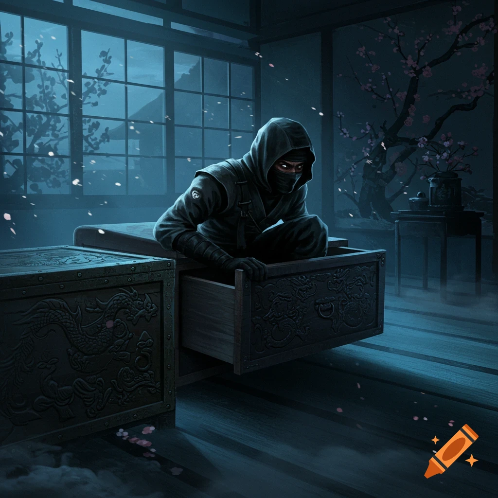 A dark illustration of a ninja crouching in an open drawer in a Japanese room.