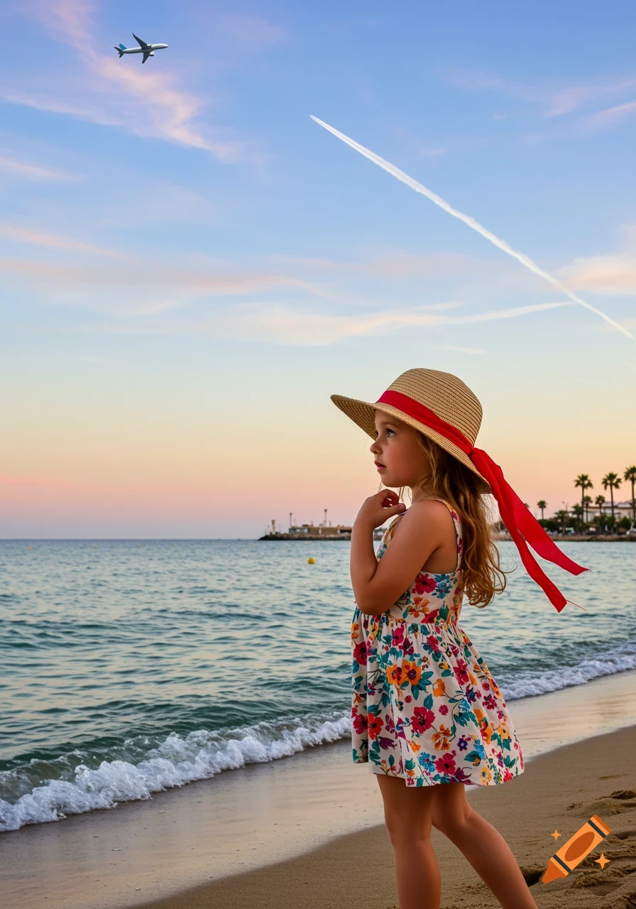 Young girl in a floral dress and straw hat watches an airplane fly over a beach at sunset.