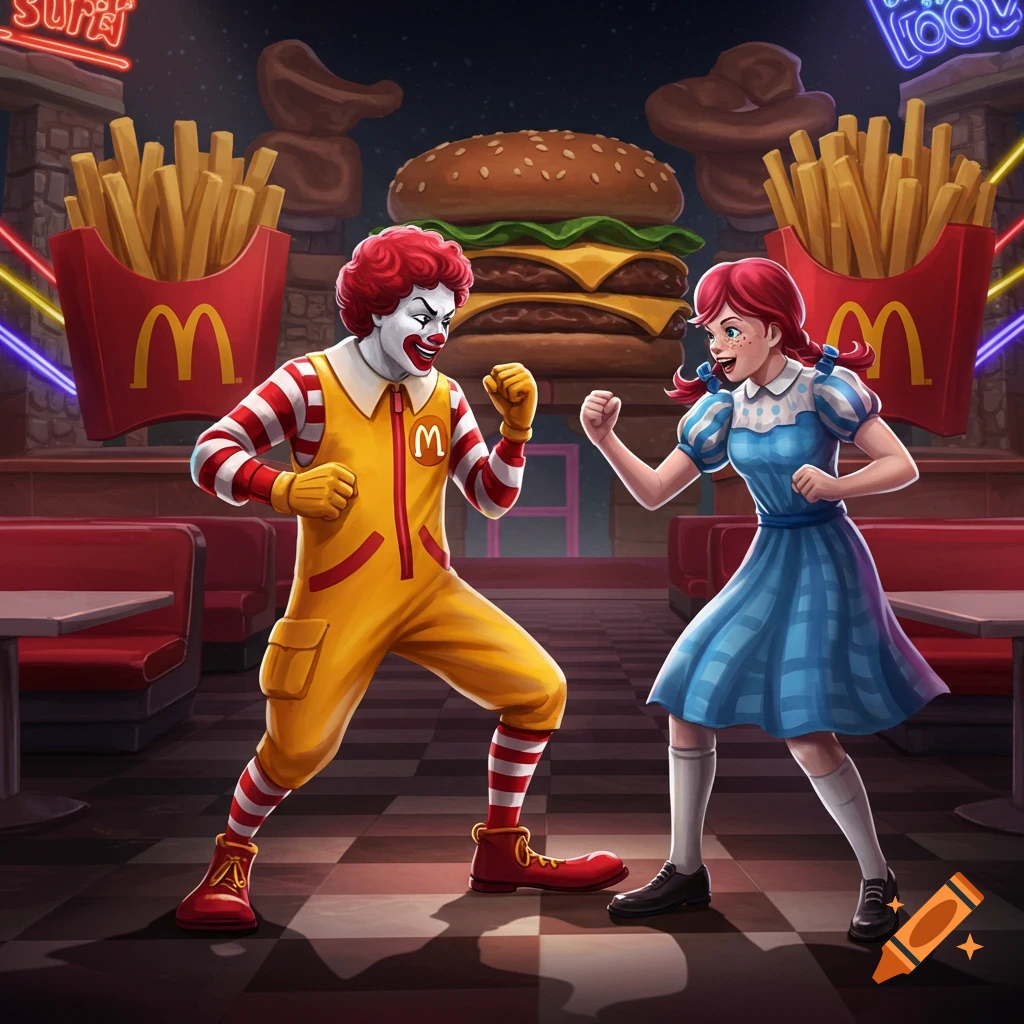 Ronald McDonald and Wendy square off in a cartoon fast-food restaurant setting, with giant burgers and fries in the background.