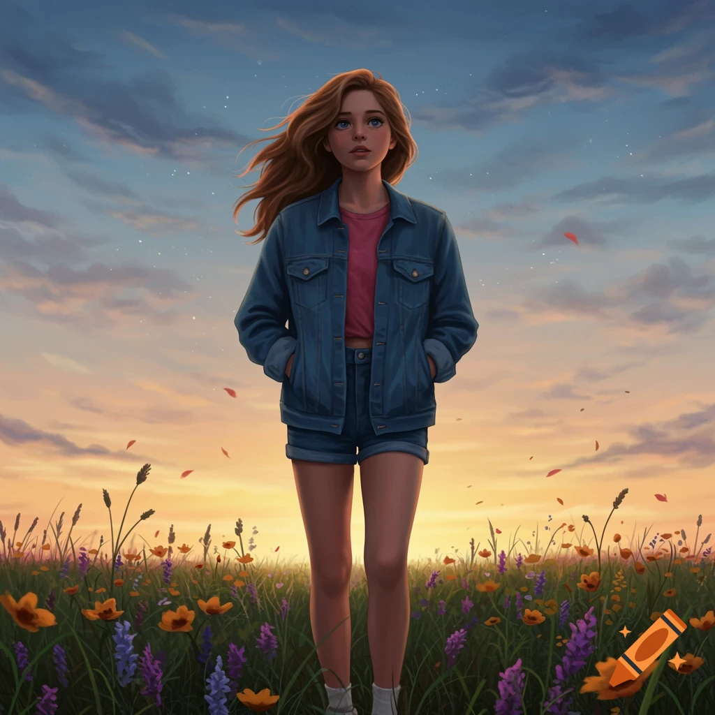 A young woman with long hair in a denim jacket stands in a field of wildflowers at sunset, with a colorful sky.