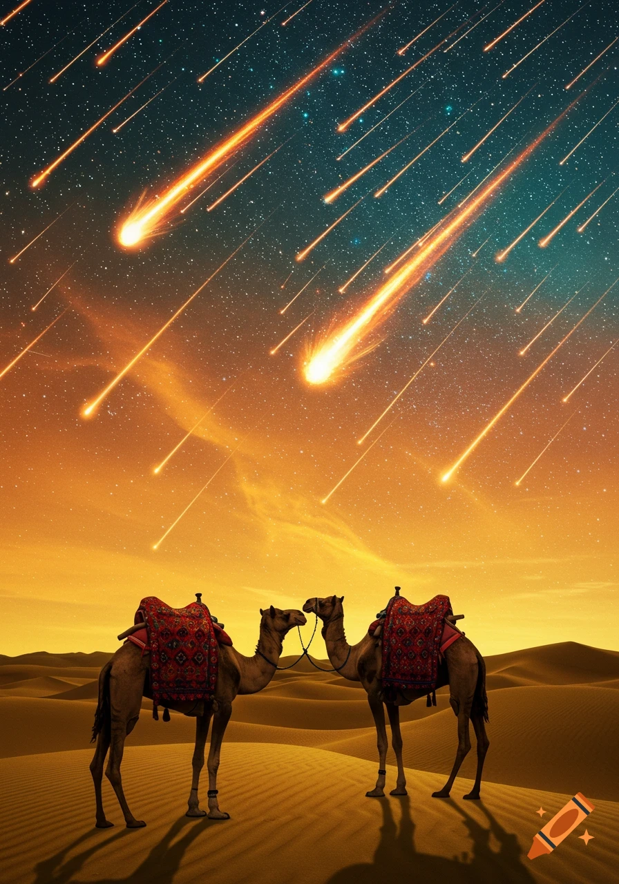 Two camels stand in a desert landscape under a night sky illuminated by a vibrant meteor shower.