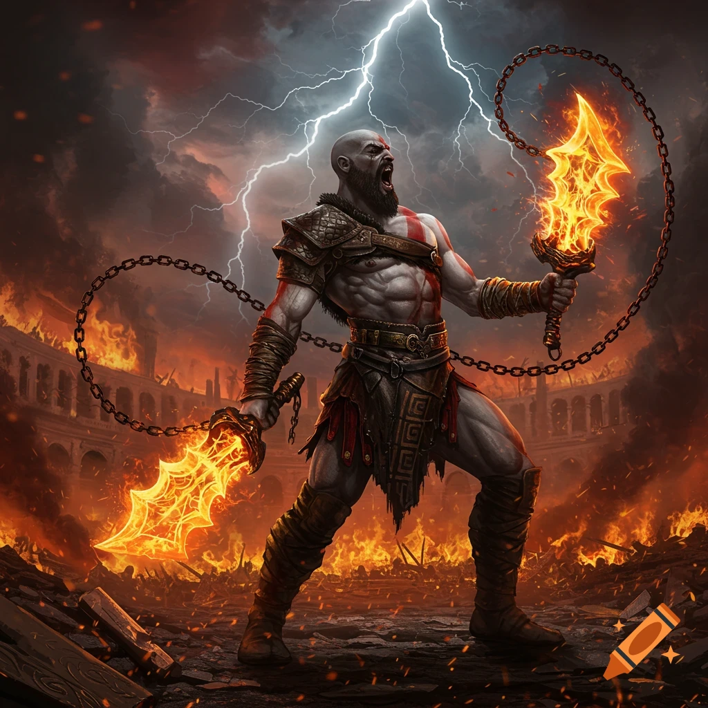 Kratos, the bald warrior, roars, holding fiery Blades of Chaos in a ruined, burning arena under a lightning storm.