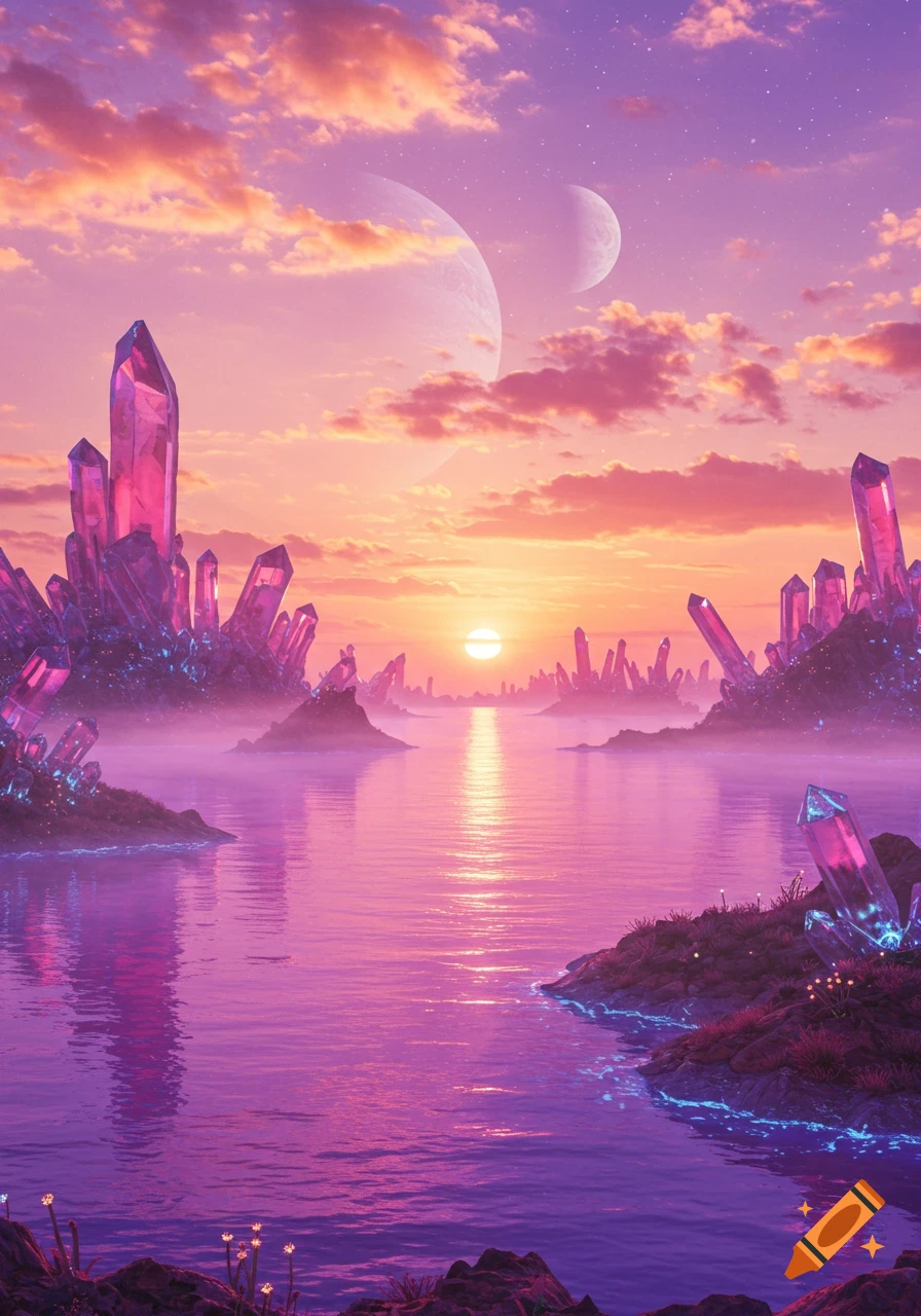 A vibrant fantasy landscape featuring large pink crystals by a purple lake at sunset with two moons in the sky.