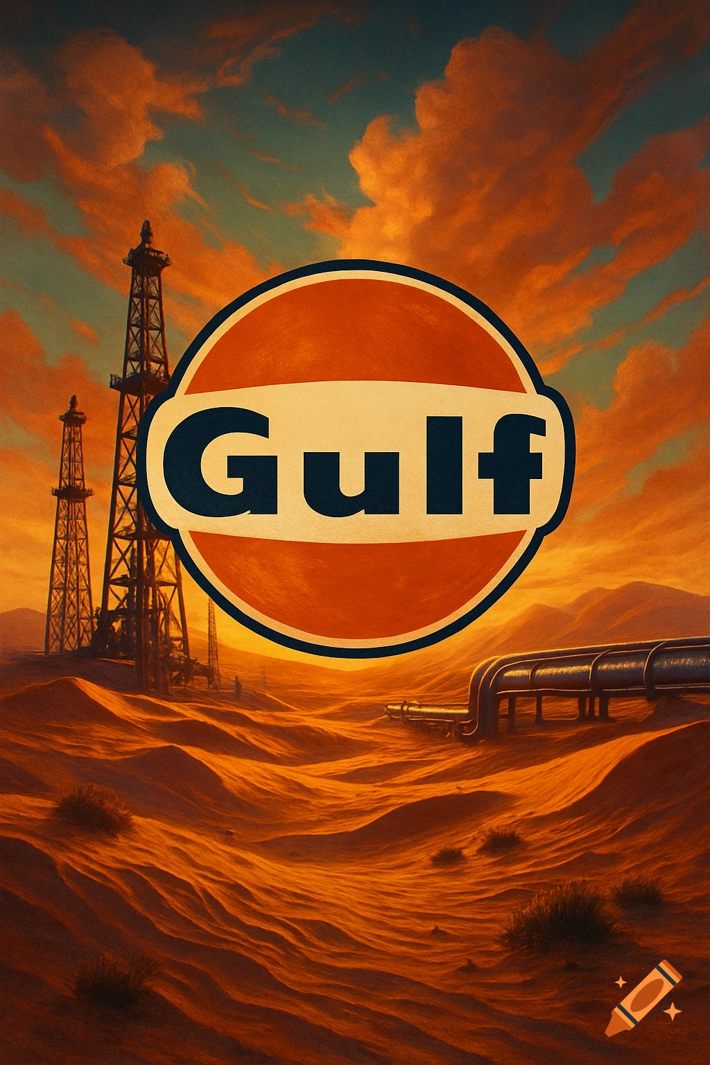 An oil company logo with 'Gulf' text, centered over oil rigs and pipelines in a golden desert landscape under an orange sky.