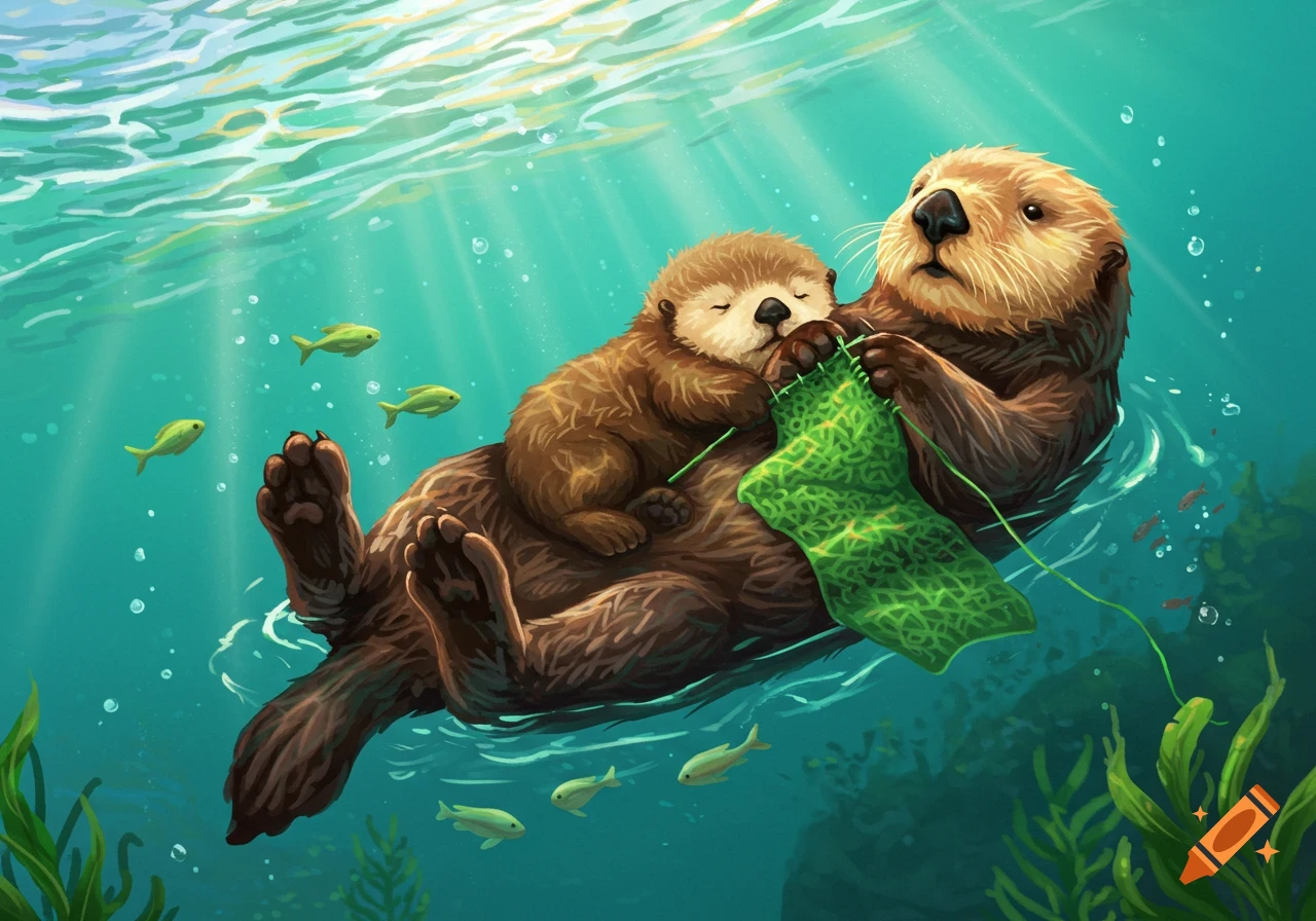 A mama sea otter floats on her back, knitting a green seaweed blanket, with her baby sleeping on her belly underwater in a vibrant illustration.