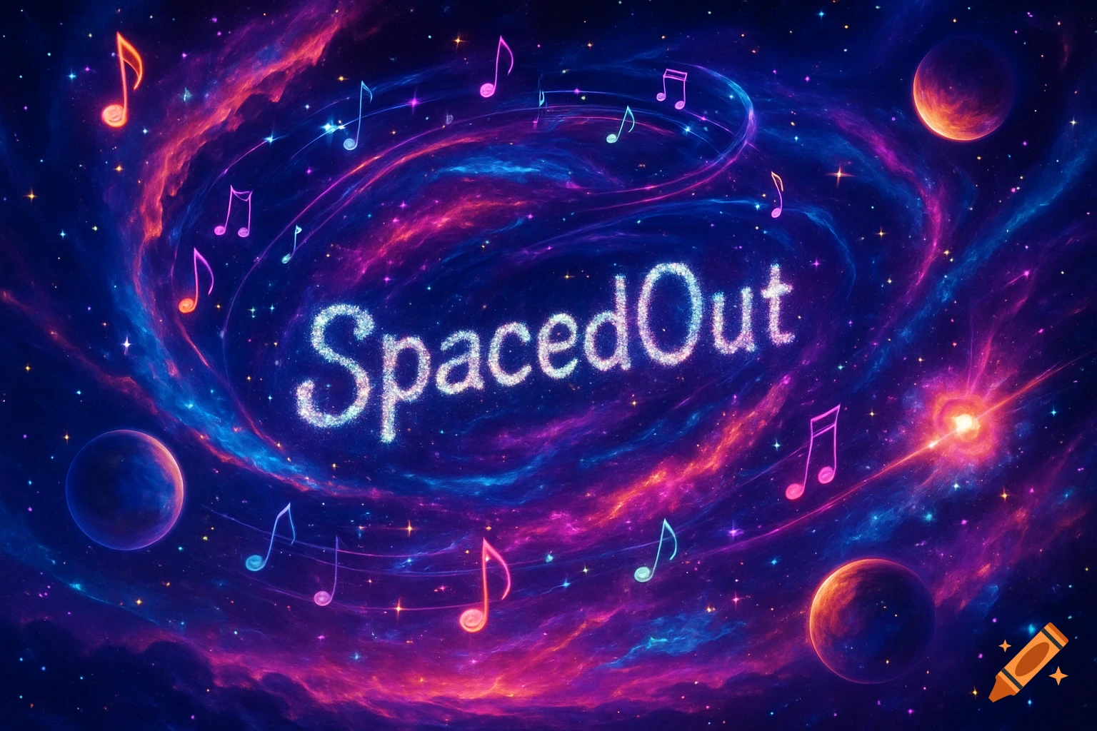 Vibrant galaxy with pink and blue nebulae, stars, planets, and colorful musical notes orbiting the sparkling text 'SpacedOut'.