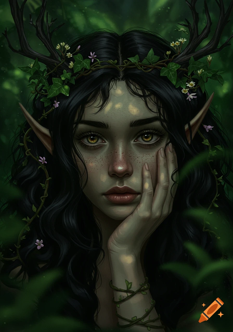 Close-up portrait of a dark-haired nymph with golden eyes, pointed ears, and antlers, adorned with ivy and flowers in a dark forest.