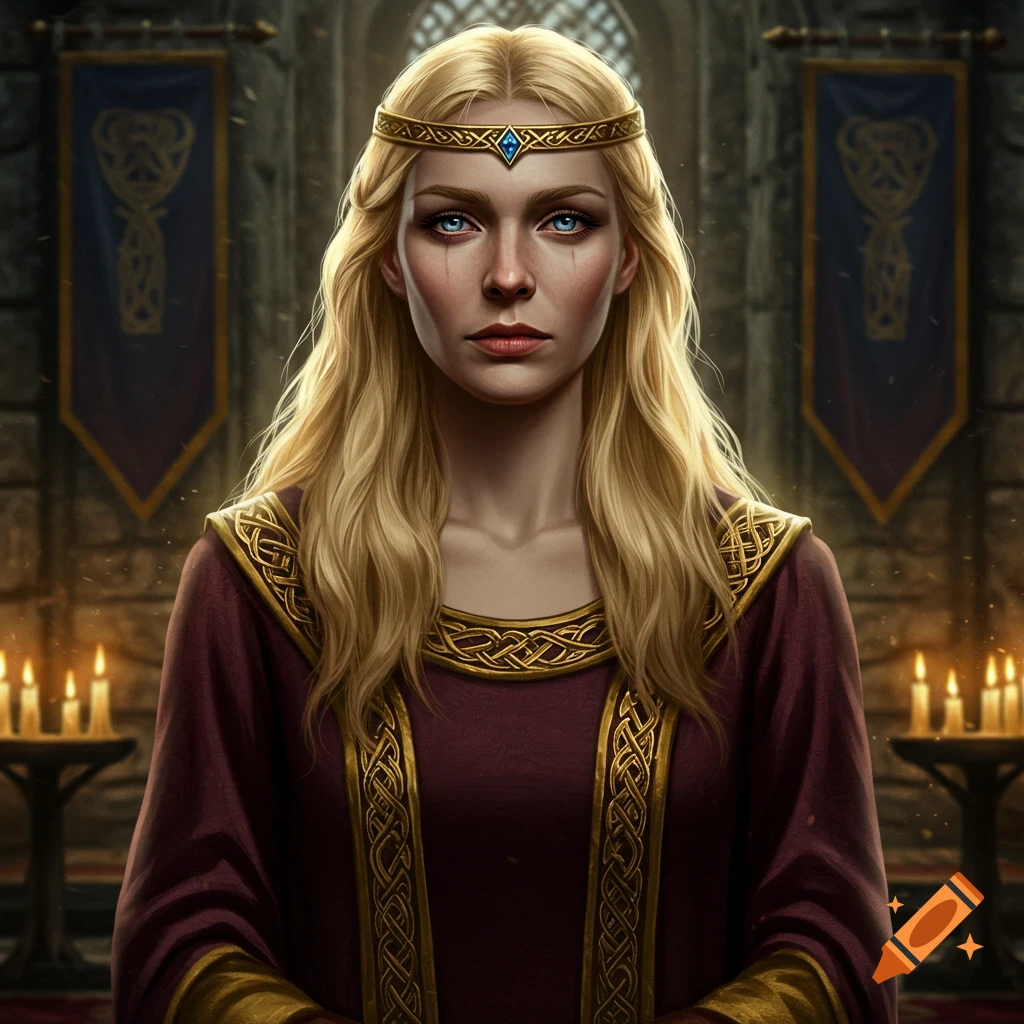 A serious blonde woman with blue eyes, wearing a gold and maroon medieval dress and a golden circlet, stands in a stone castle hall.