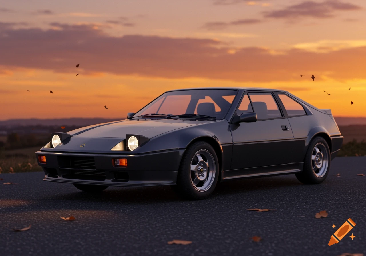Dark grey Lotus Excel sports car with pop-up headlights on, on an asphalt road with fallen leaves, at sunset.