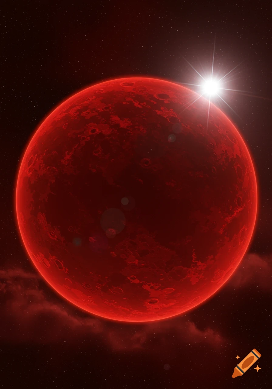 A vibrant red planet with a cratered surface in outer space, illuminated by a bright star.