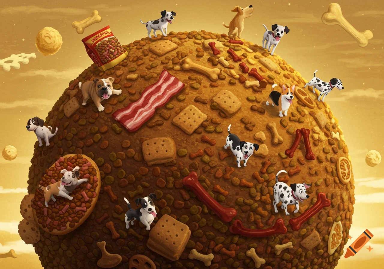 Cartoon dogs on a planet made of dog food, surrounded by bones, biscuits, and bacon.