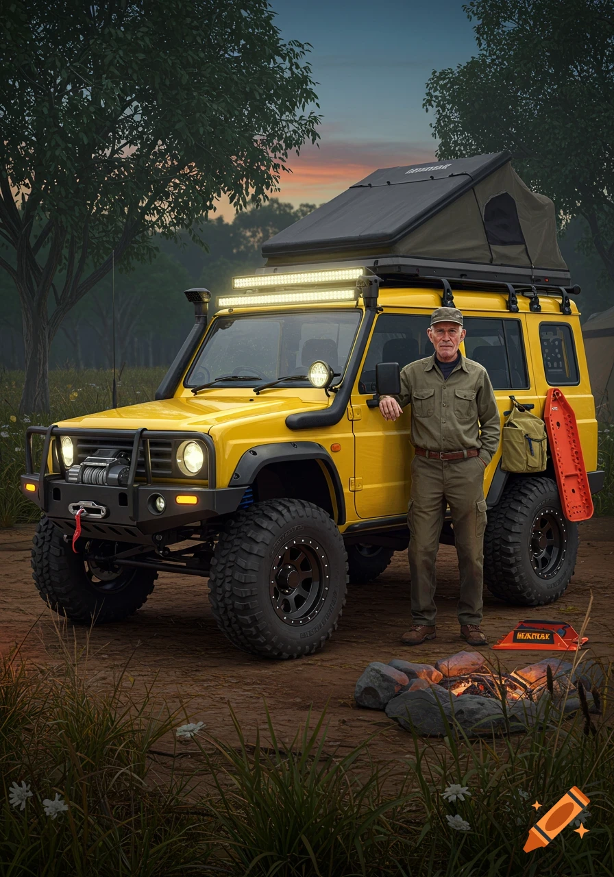 An elderly man stands next to a yellow off-road vehicle with a rooftop tent at a campsite during sunset.