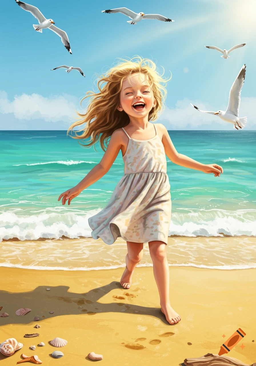 An illustrated image of a happy blonde girl running on a sunny beach, laughing, with seagulls flying above the ocean.
