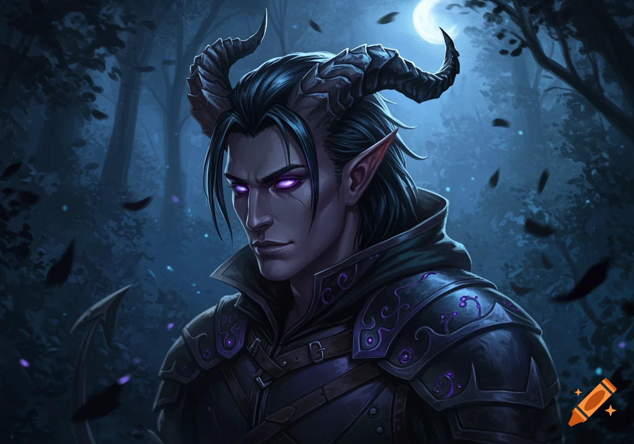 A male tiefling rogue with violet glowing eyes and horns, wearing dark armored clothing, stands in a dark fantasy forest under a full moon.