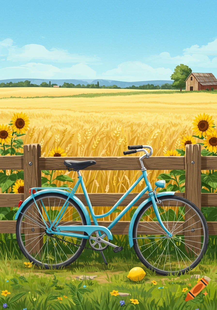 A blue bicycle leaning against a wooden fence in a sunny golden wheat field with sunflowers, a distant barn, and a lemon on the grass in an illustrative style.
