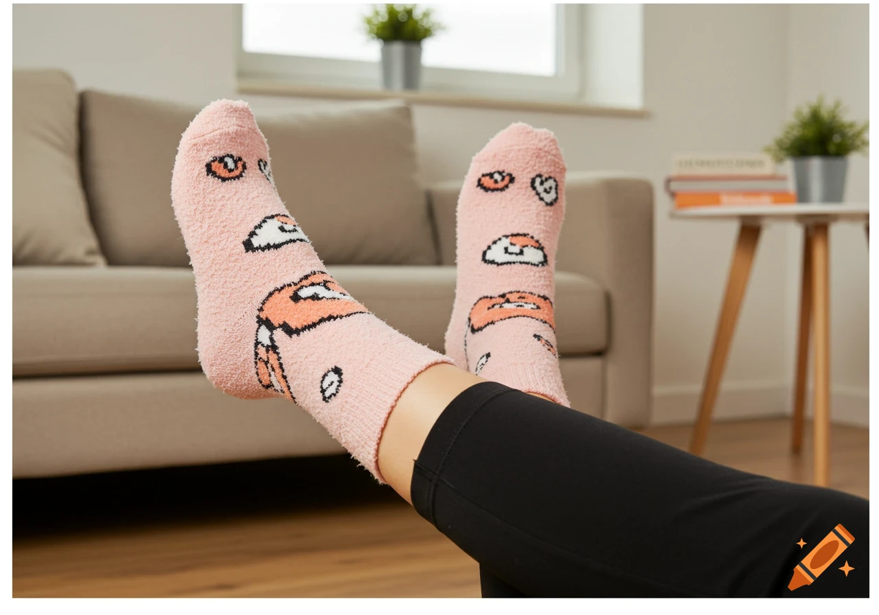 Close-up of a person's legs wearing fuzzy pink socks with cartoon faces and black leggings, relaxing in a living room.