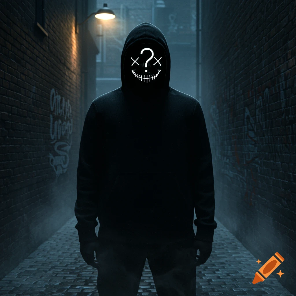 A person in a black hoodie and a black mask with a white question mark and X eyes stands in a dark, foggy alley under a streetlamp.