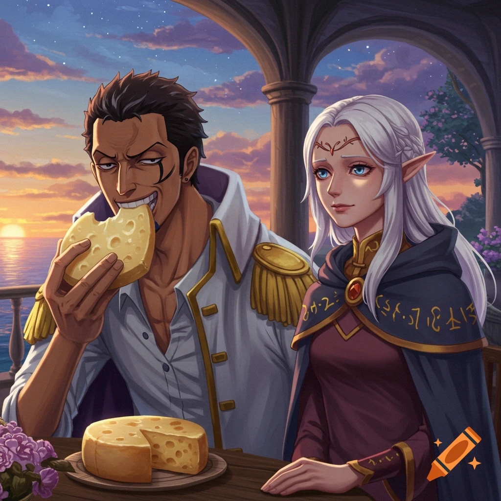 An anime-style image of a man with dark hair and a scar on his face, wearing a white and gold uniform, biting into a large slice of cheese. Next to him, an elf woman with long white hair and blue eyes, wearing a dark blue cloak with golden runes, sits at a table with a round of cheese. They are on a balcony overlooking the ocean at sunset.