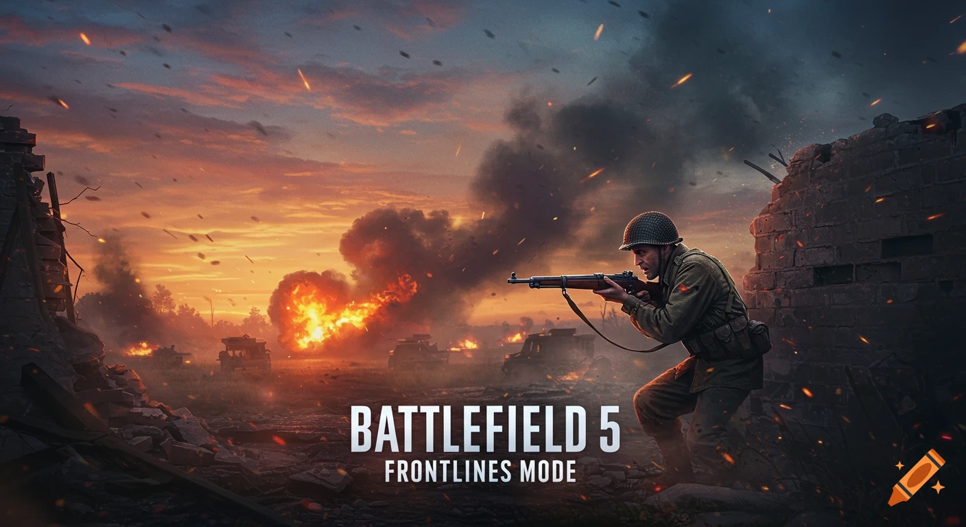 A soldier in a helmet aiming a rifle amidst explosions and debris on a battlefield at sunset, with 'Battlefield 5 Frontlines Mode' text.