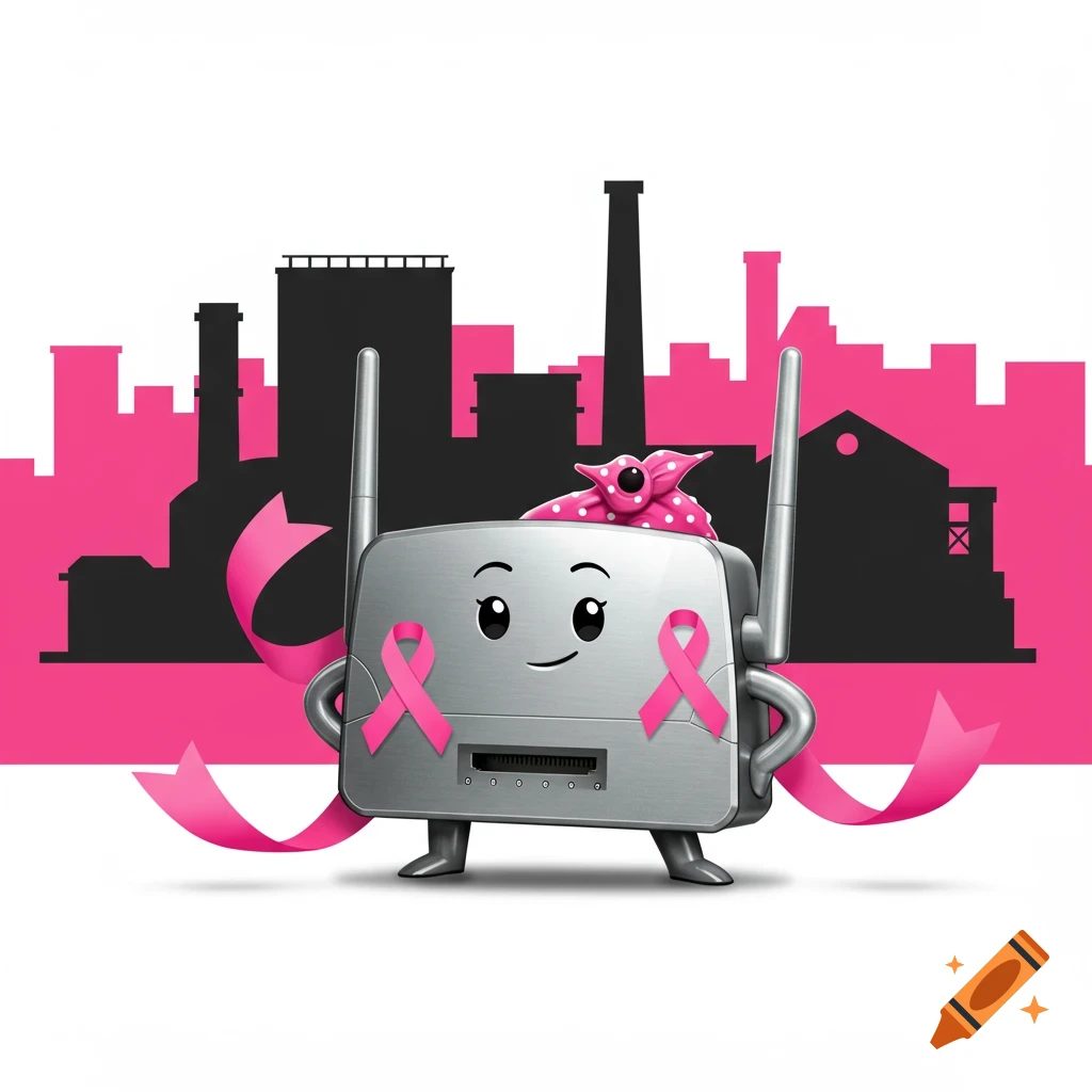 A cartoon grey router with pink breast cancer awareness ribbons and a scarf, smiling against a black and pink factory cityscape.