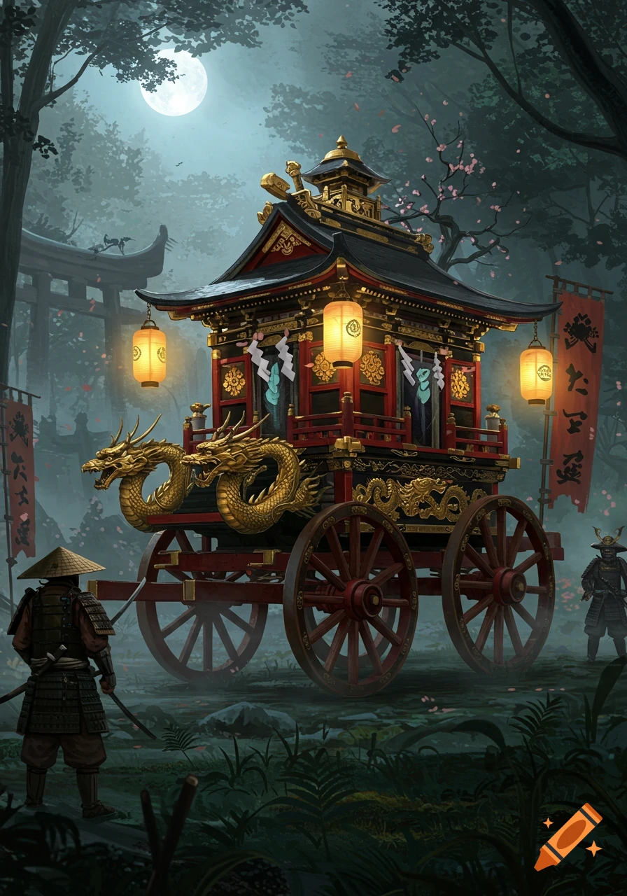 A detailed Japanese royal wagon with golden dragons and glowing lanterns, illuminated by moonlight in a misty forest with two samurai-like figures.