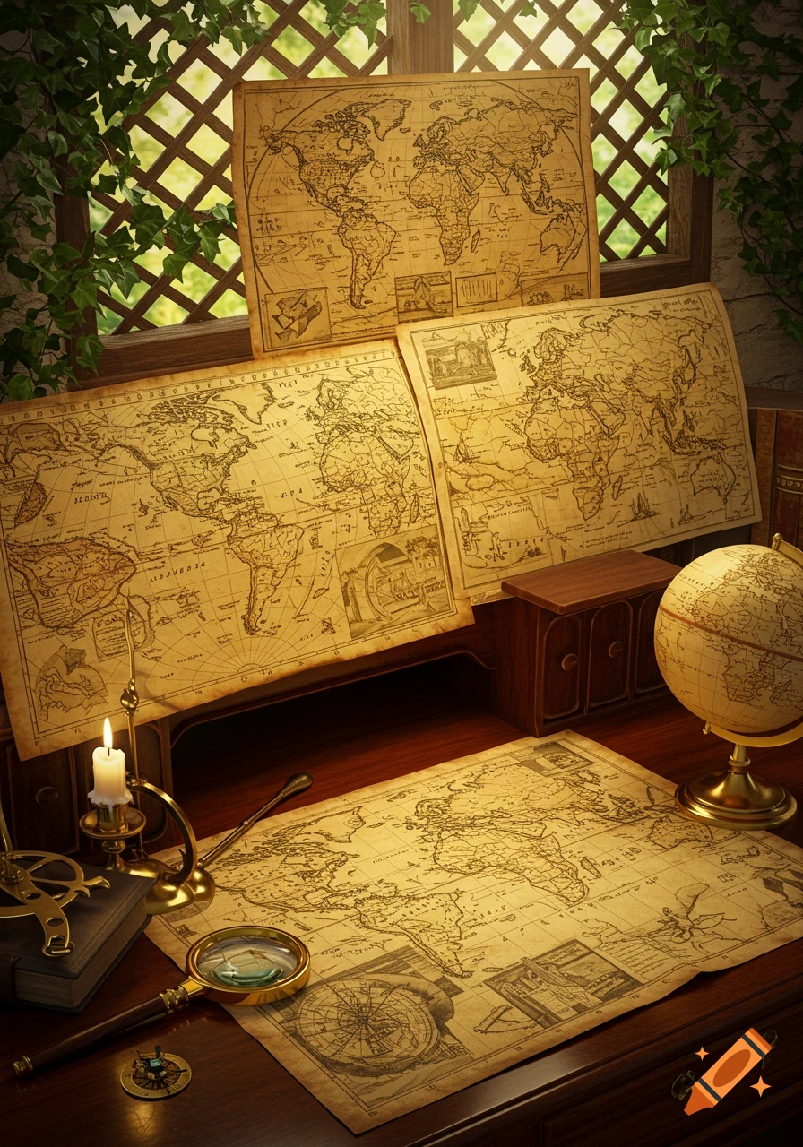 A desk covered with vintage world maps, a globe, a lit candle, magnifying glass, and other navigational tools.