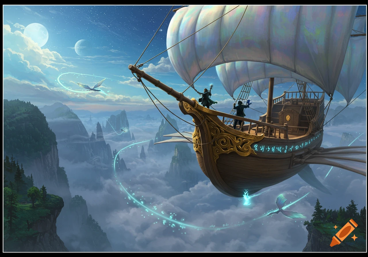 Fantastical flying ship with glowing symbols sailing through clouds and moons above mountains, two figures on deck.