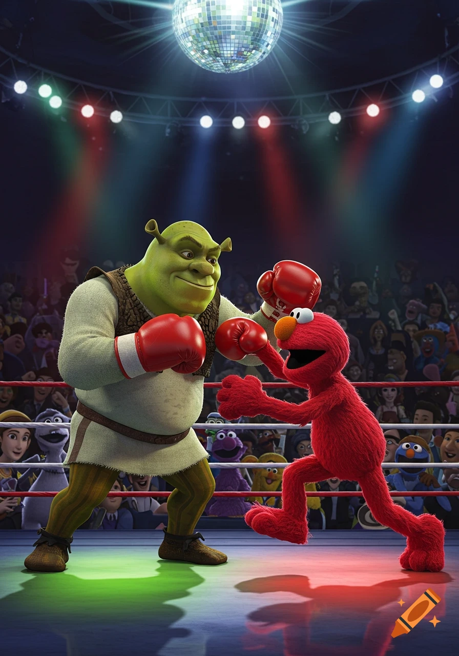 Shrek and Elmo wearing boxing gloves, facing off in a brightly lit boxing ring with a disco ball overhead and a crowd watching.