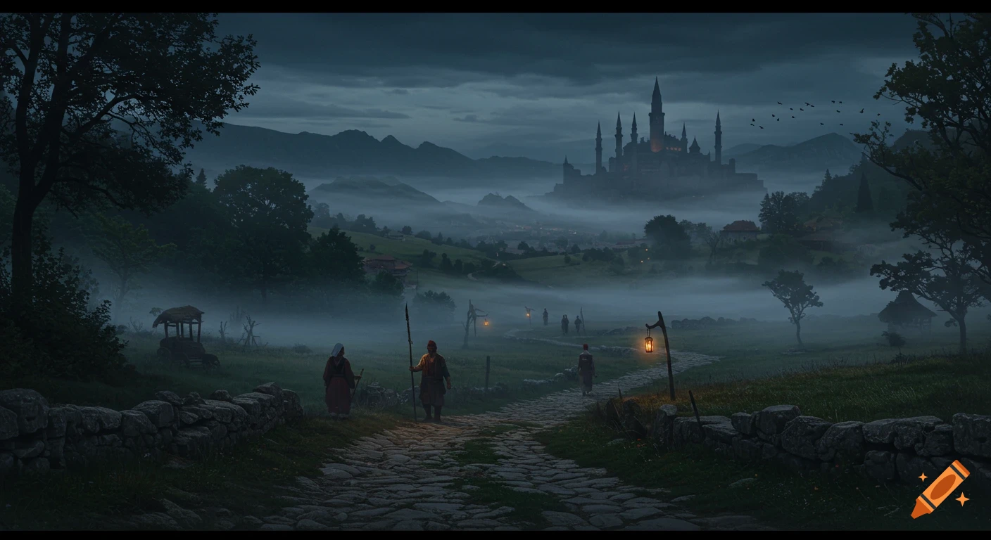 A mystical, foggy medieval landscape at dusk with figures on a cobblestone path leading to a distant castle and mountains.