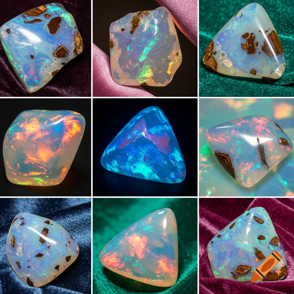 A grid of nine polished opals displaying various colors and patterns against different fabric backgrounds, one glowing under UV light.