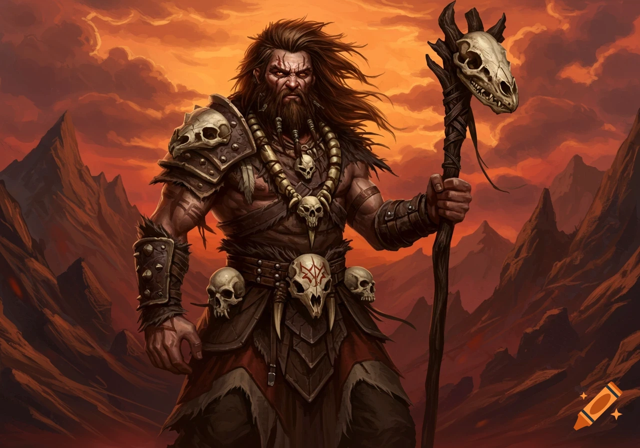 Grim-faced male shaman with a long beard, adorned in skull armor and necklaces, holding a staff with a skull top, against an orange, mountainous landscape.