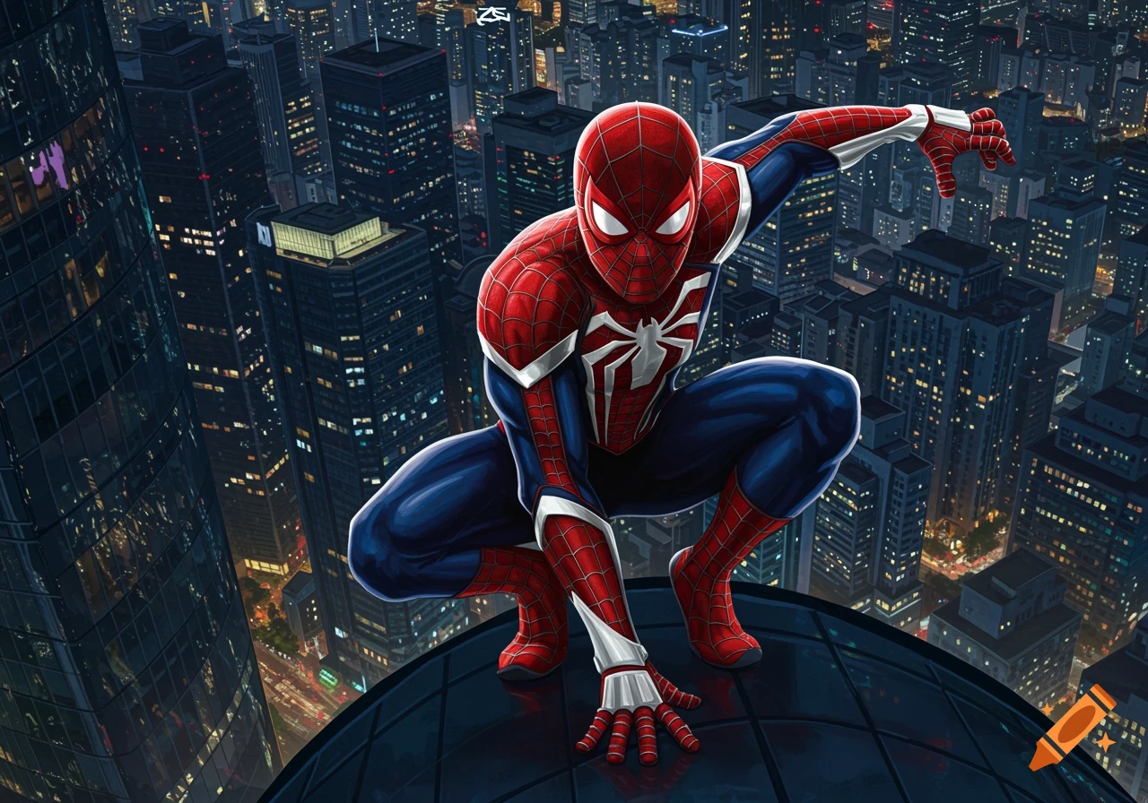 Spider-Man in his suit crouches on a skyscraper, overlooking a vibrant city at night.