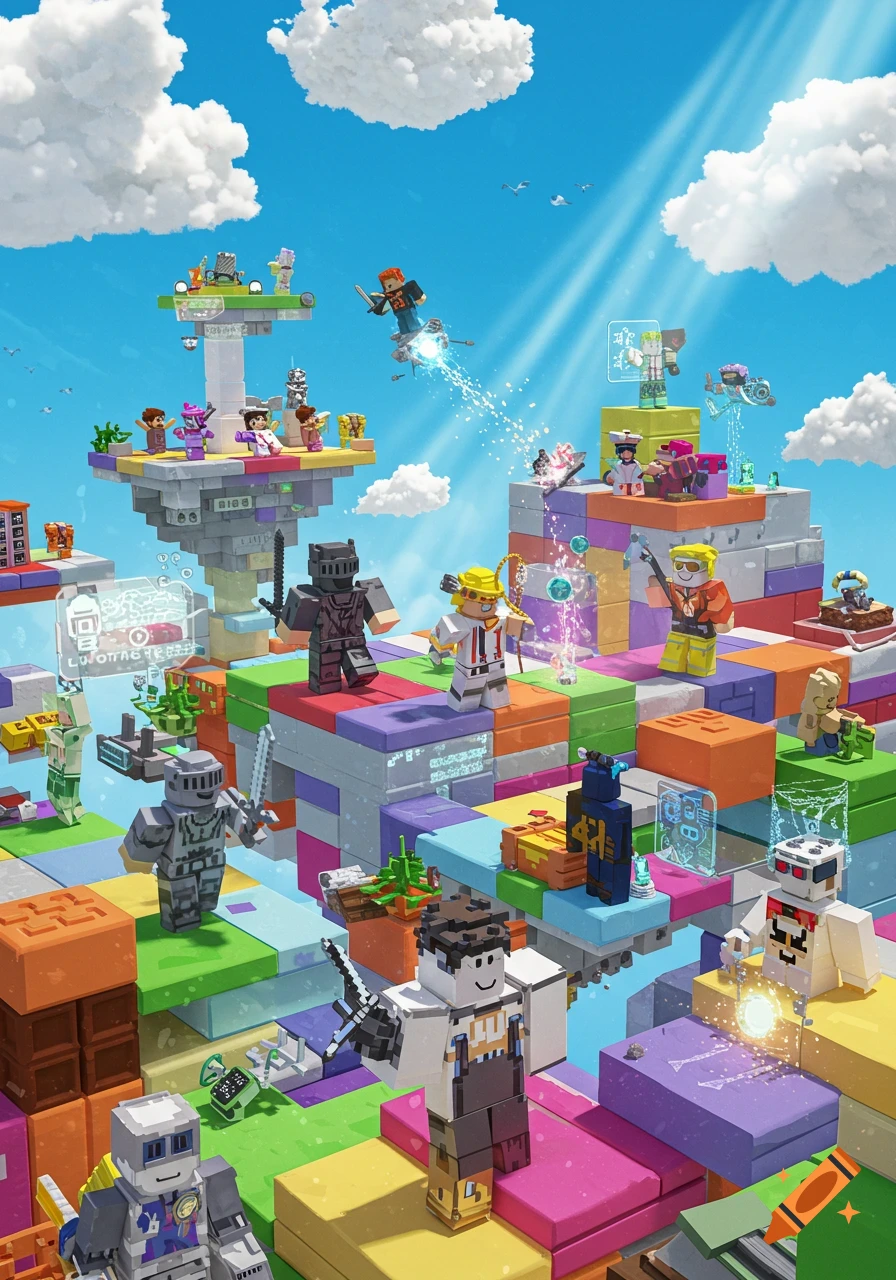 A vibrant, blocky world resembling Roblox, featuring various stylized characters on colorful floating islands under a bright blue sky.
