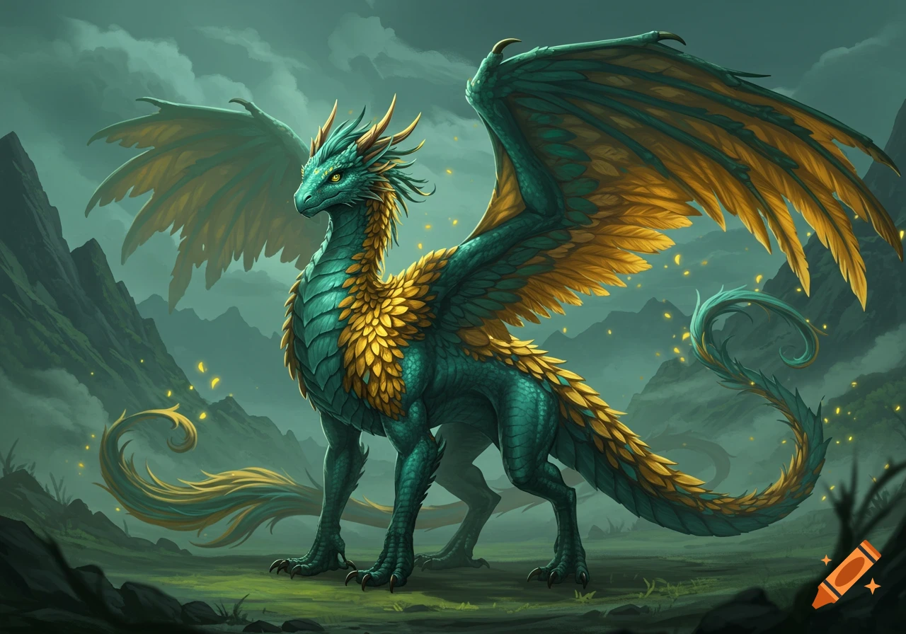 A magnificent teal and gold feathered dragon with cat-like eyes stands in a misty green fantasy landscape.