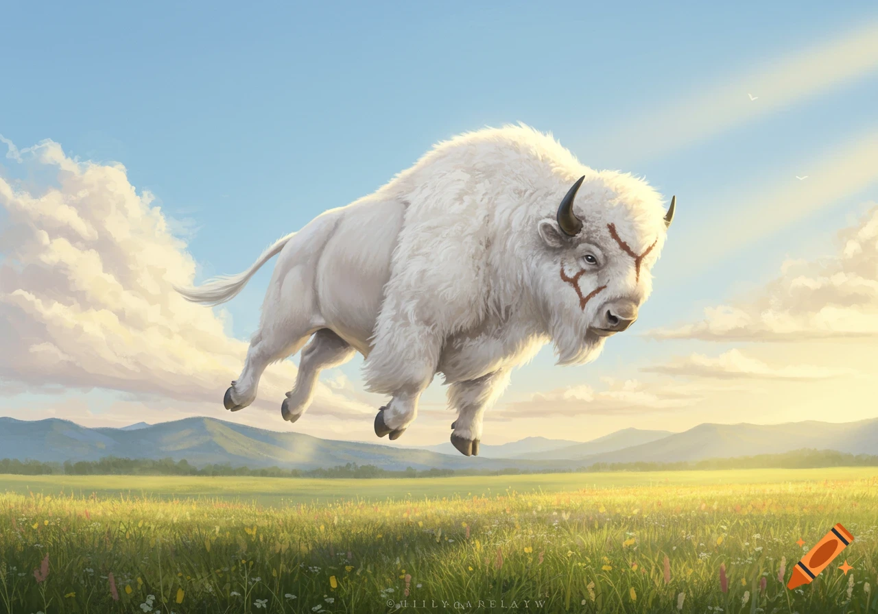 A majestic fluffy white bison with brown markings on its face appears to fly over a sunlit green meadow with rolling hills and a cloudy blue sky.