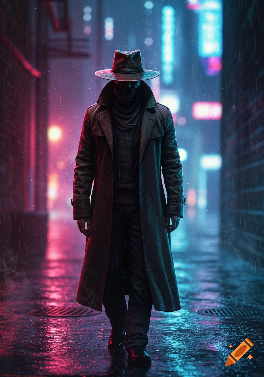 A mysterious man in a fedora hat and trench coat walks through a neon-lit, rainy urban alley.