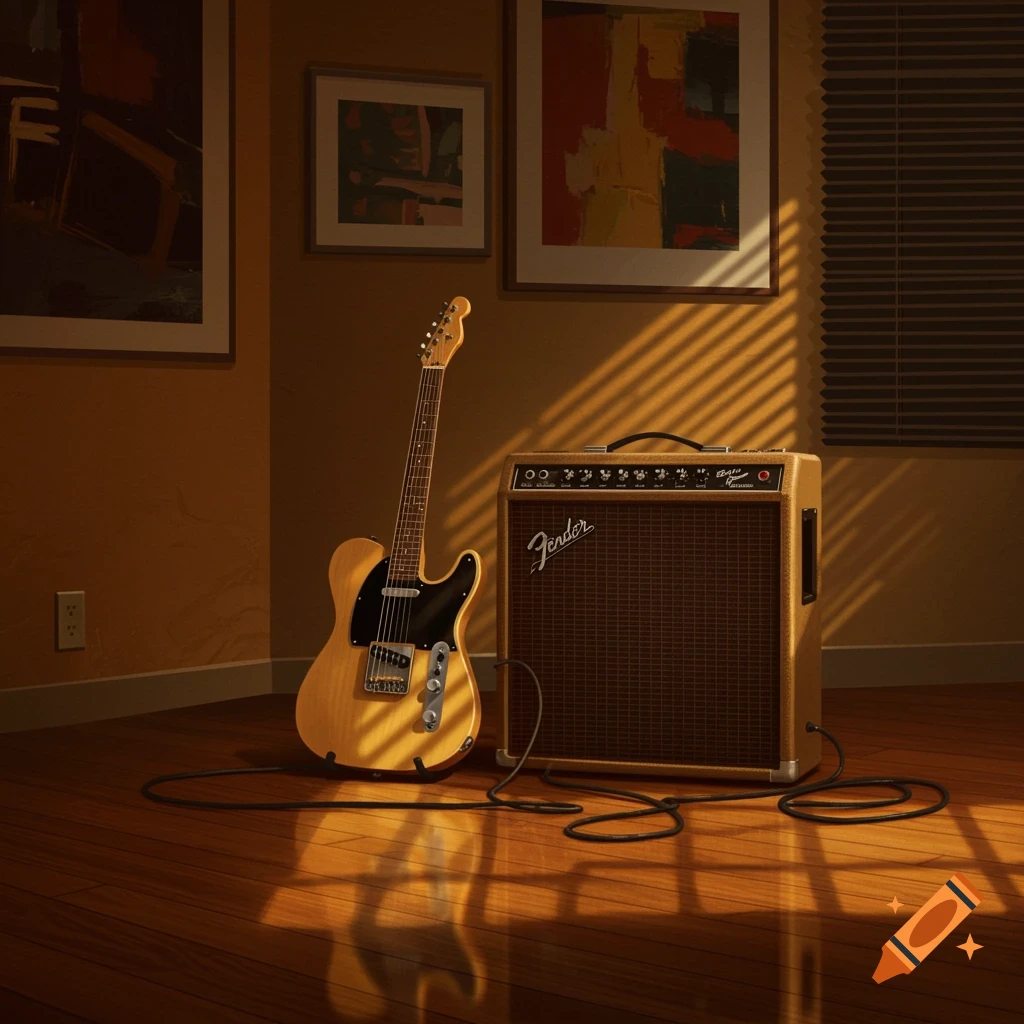 A butterscotch Telecaster guitar leans against a Fender amplifier in a sunlit room, with abstract paintings on the wall.