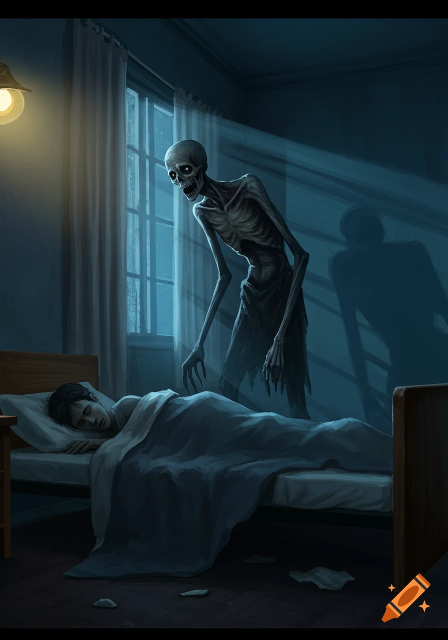 A gaunt, skeletal creature with glowing eyes stands over a sleeping person in a dimly lit room, illuminated by a lamp and moonlight.