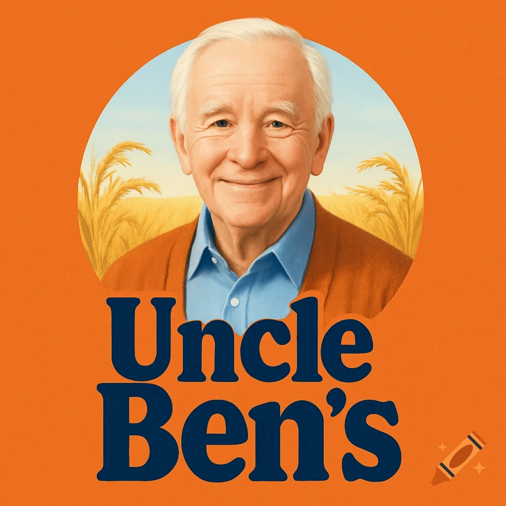 A logo featuring a smiling white-haired man in a blue shirt and orange cardigan against a wheat field background, with the words "Uncle Ben's".