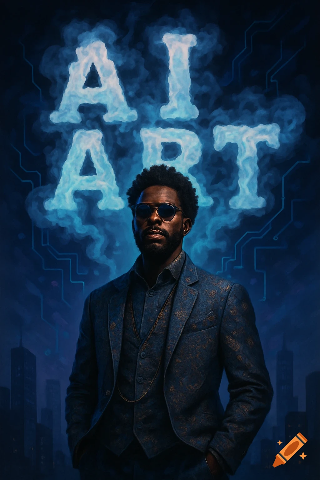 A man in a blue patterned suit and sunglasses stands against a dark blue background with glowing blue circuit lines and the words "AI ART" in smokey, light blue letters above him.